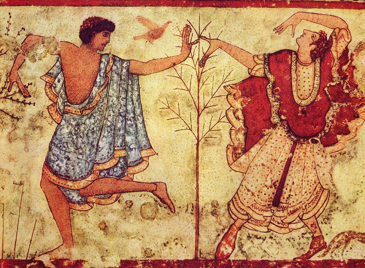 Etruscan fresco. Detail of two dancers from the Tomb of the Triclinium in the Necropolis of Monterozzi