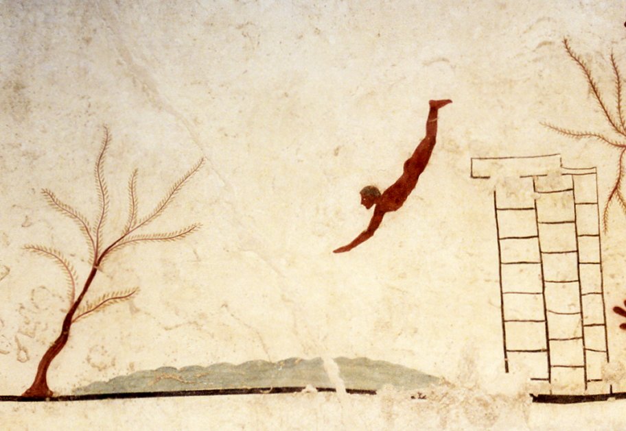 Detail from the underside of the top slab of the Tomb of the Diver, showing a man diving into waves