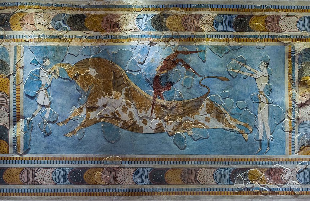 The bull-leaping fresco, original found in Knossos palace, Crete, Greece