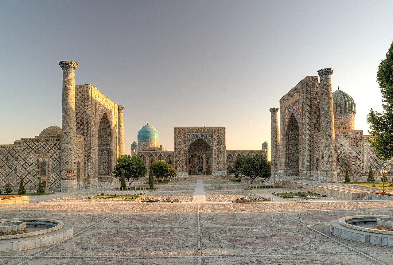 Registan square after sunrise in Samarkand, Uzbekistan