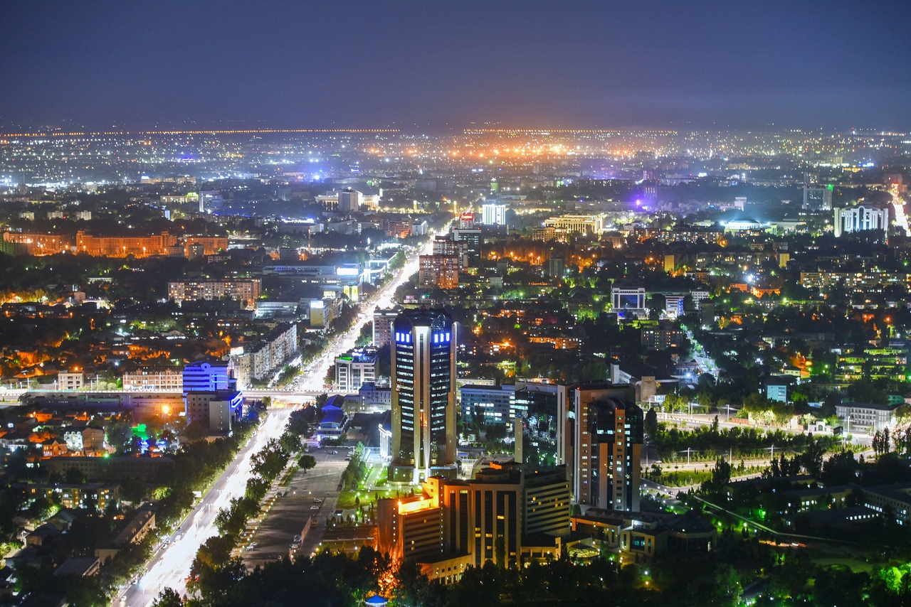 Skyline of Tashkent at night in 2019