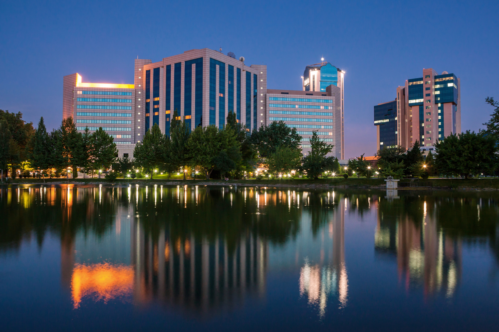 Night view of the hotel with a reflection