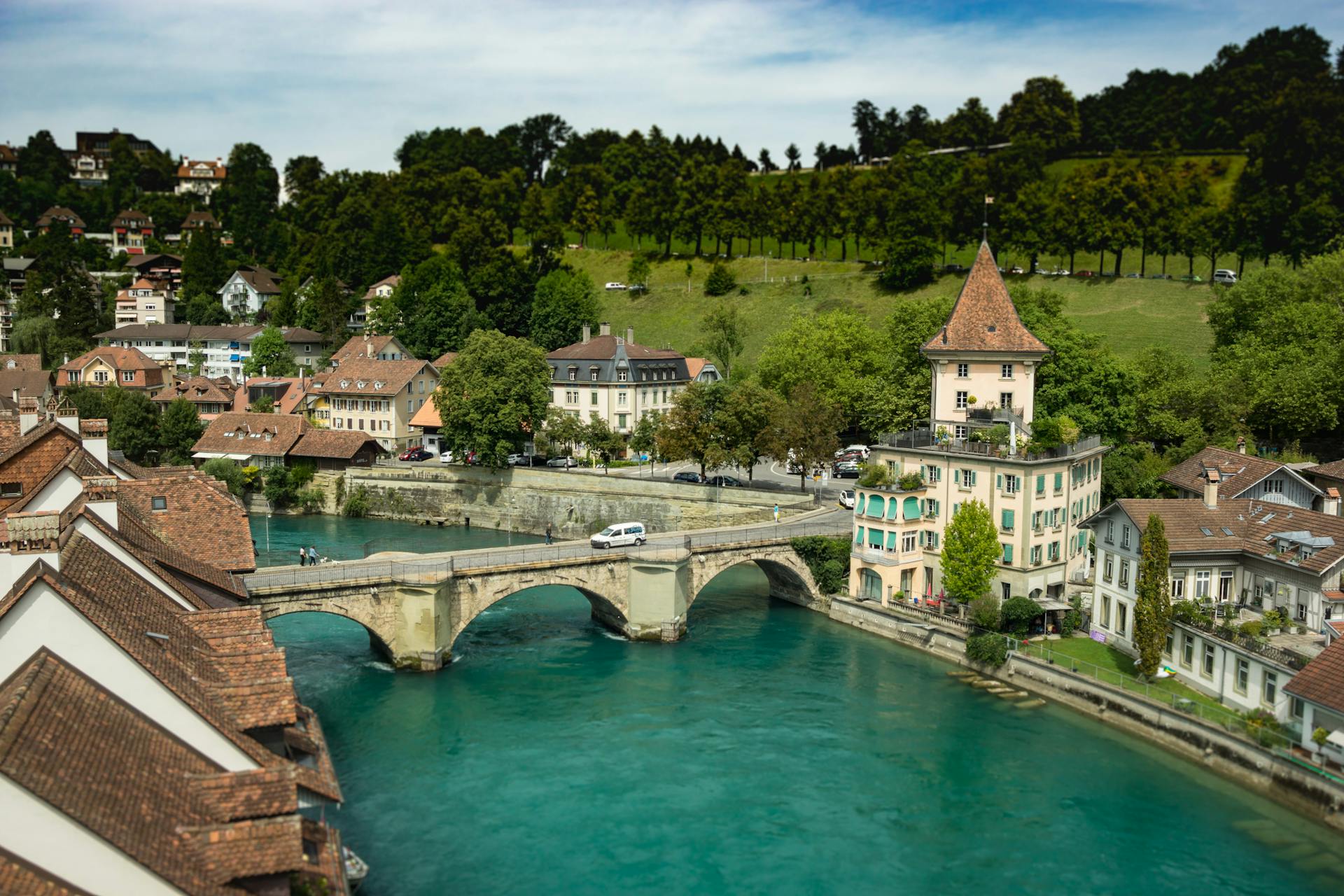 An aerial view of a bridge in Bern, Switzerland