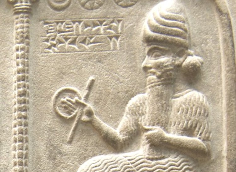 Representation of Shamash from the Tablet of Shamash (c. 888 – 855 BC), showing him sitting on his throne
