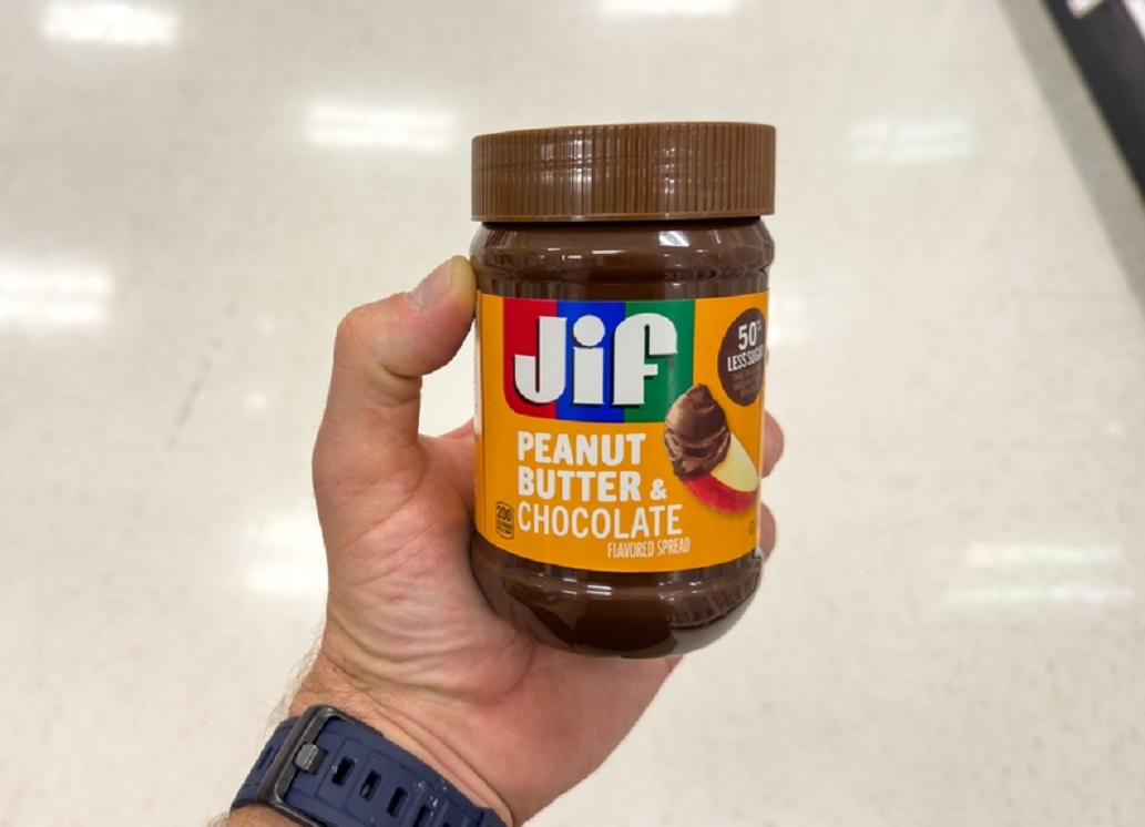 Jif brand peanut butter and chocolate flavored spread.
