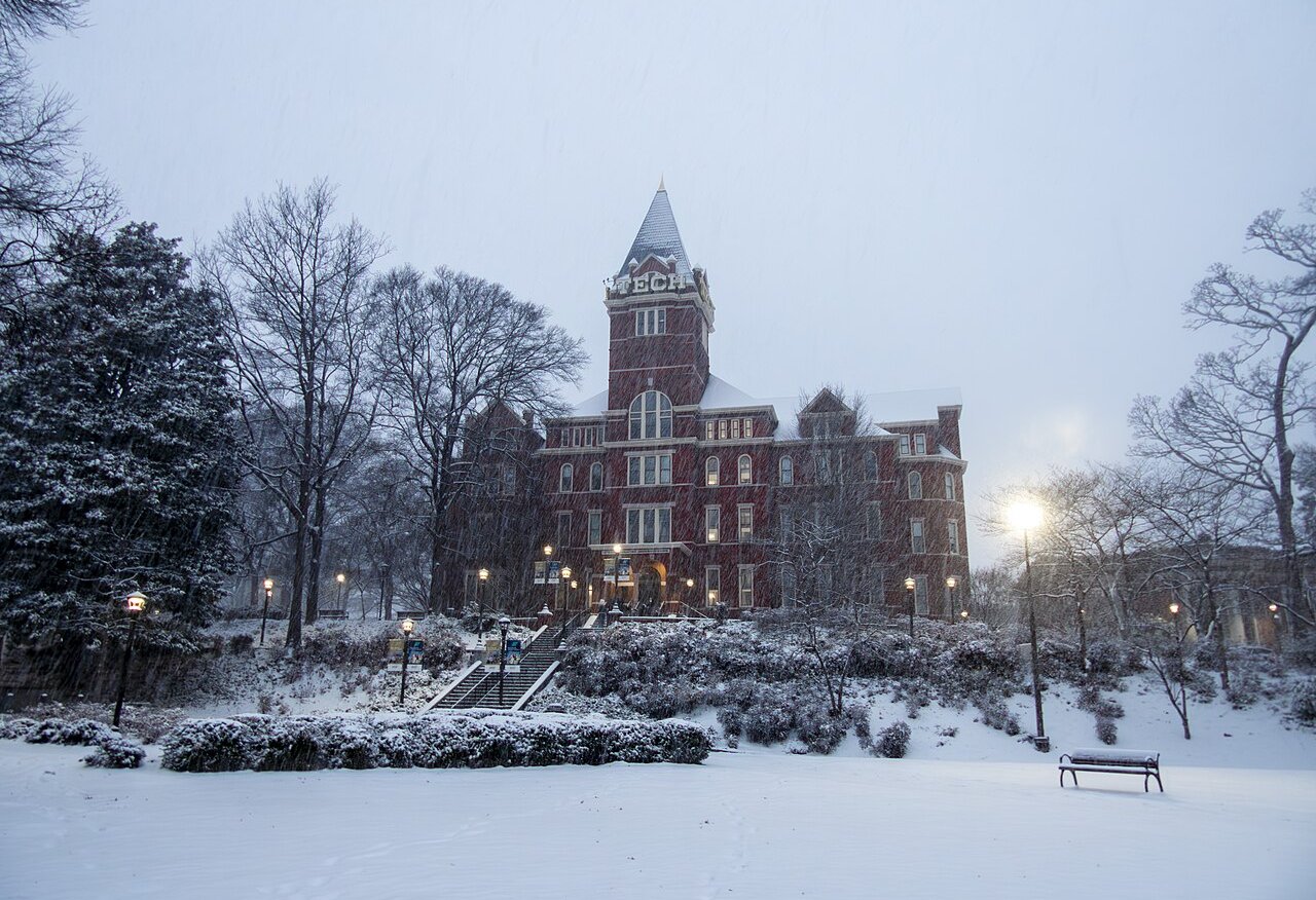 Georgia Tech's Tech Tower during a snow day