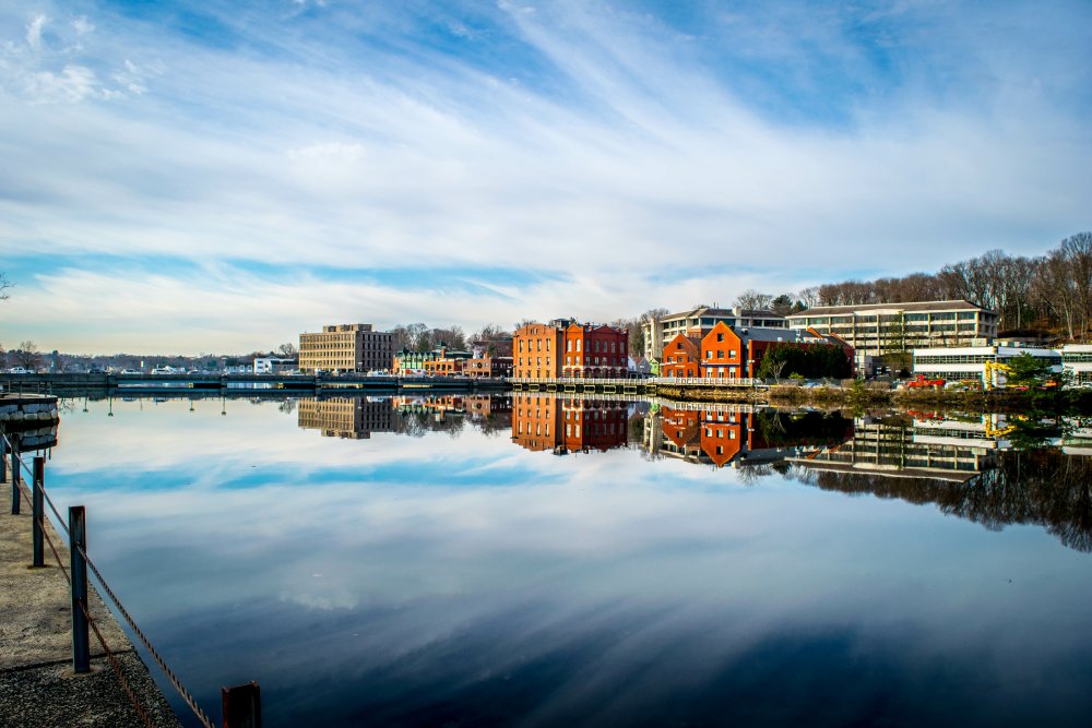 Vibrant urban scene of Westport, Connecticut captured from a high vantage point