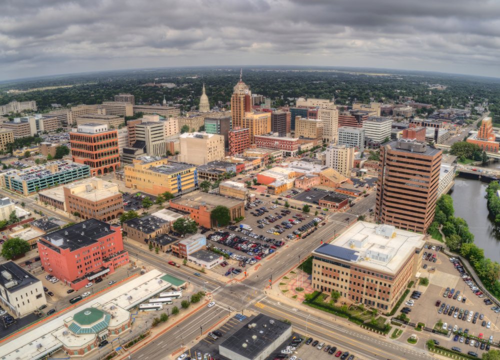 Vibrant urban scene of Lansing, Michigan captured from a high vantage point