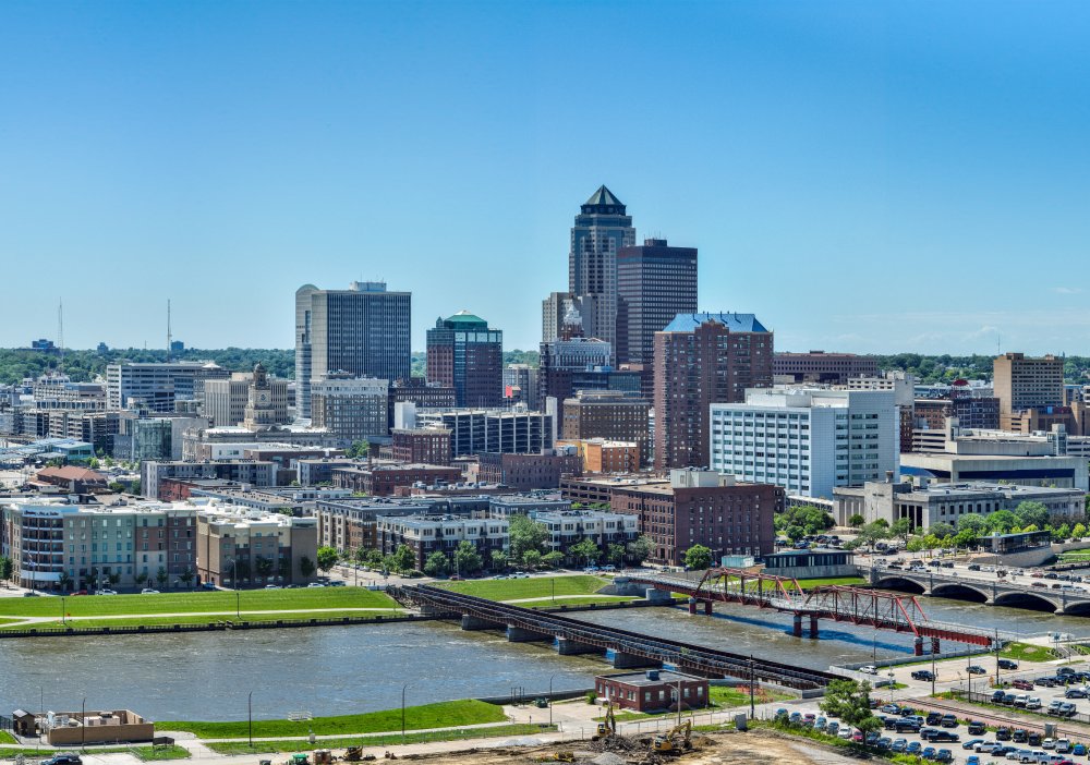 Vibrant urban scene of Des Moines, Iowa captured from a high vantage point