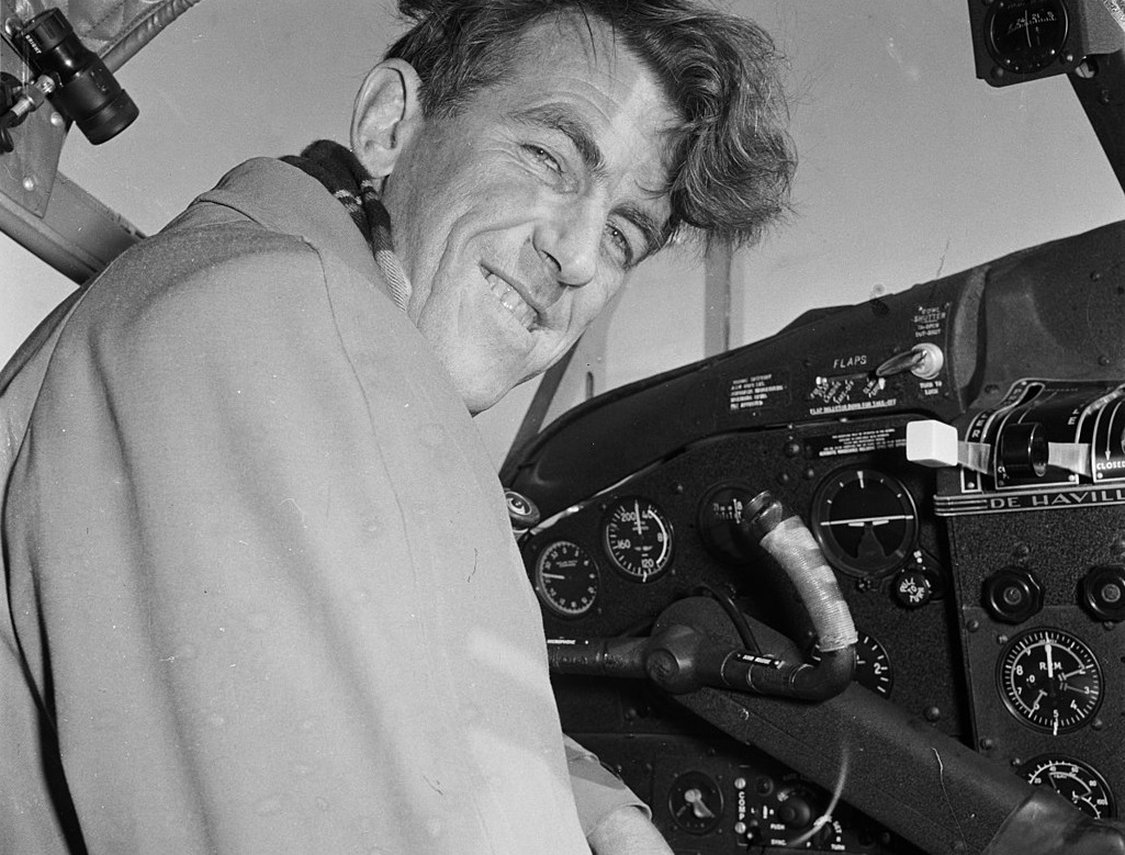 Sir Edmund Hillary, in the cockpit of the expedition's de Havilland Beaver airplane - 1956