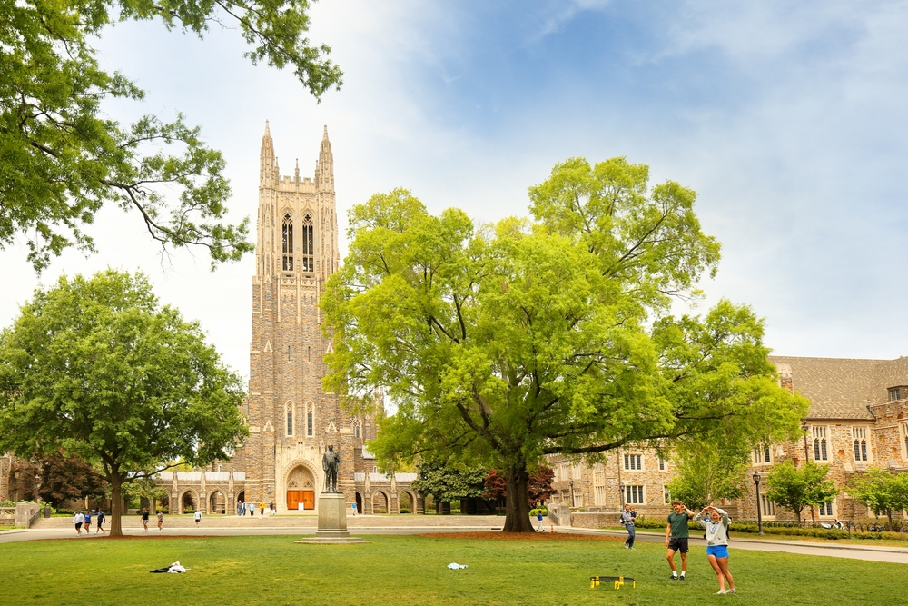Duke University Chapel and Benjamin Duke statue on campus