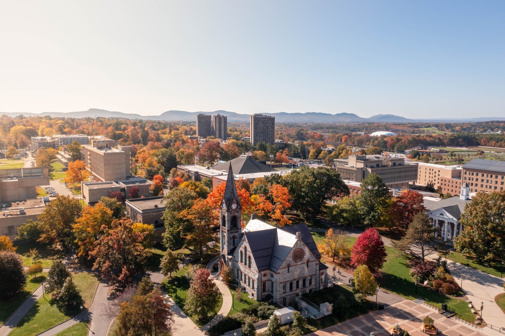 An aerial shot of the University of Massachusetts