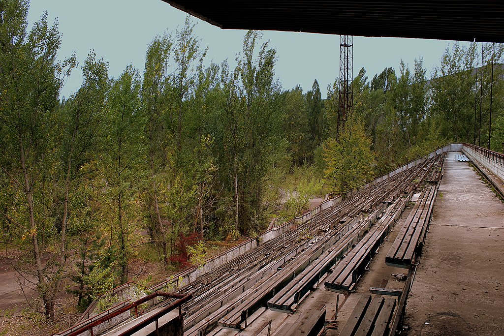 PRIPYAT FOOTBALL GROUND NEAR THE CHERNOBYL PLANT NOW ABANDONED UKRAINE SEP 2013