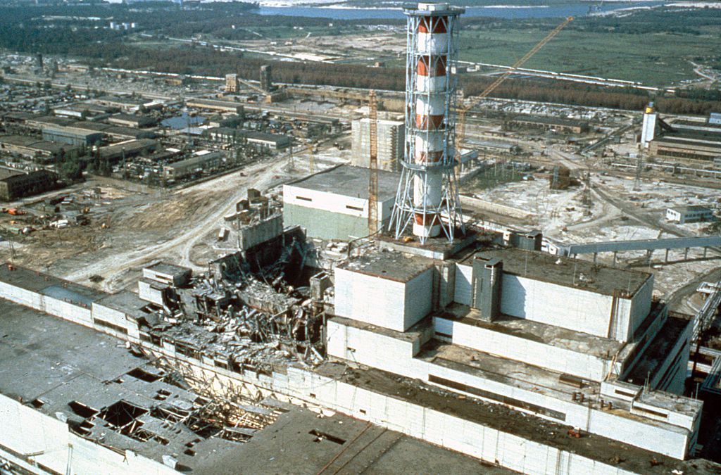 Chernobyl nuclear power plant a few weeks after the disaster. Chernobyl, Ukraine, USSR, May 1986.