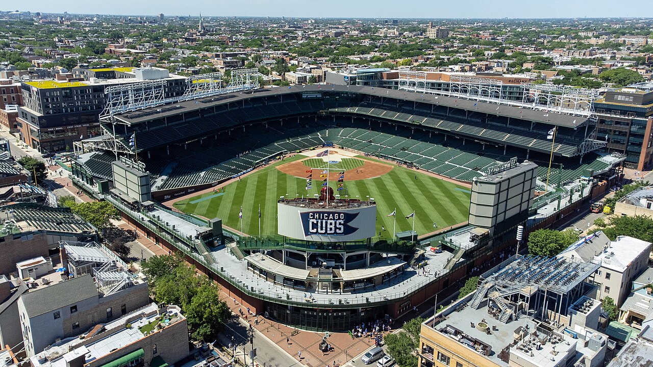 Wrigley Field in line with the Chicago Cubs sign.