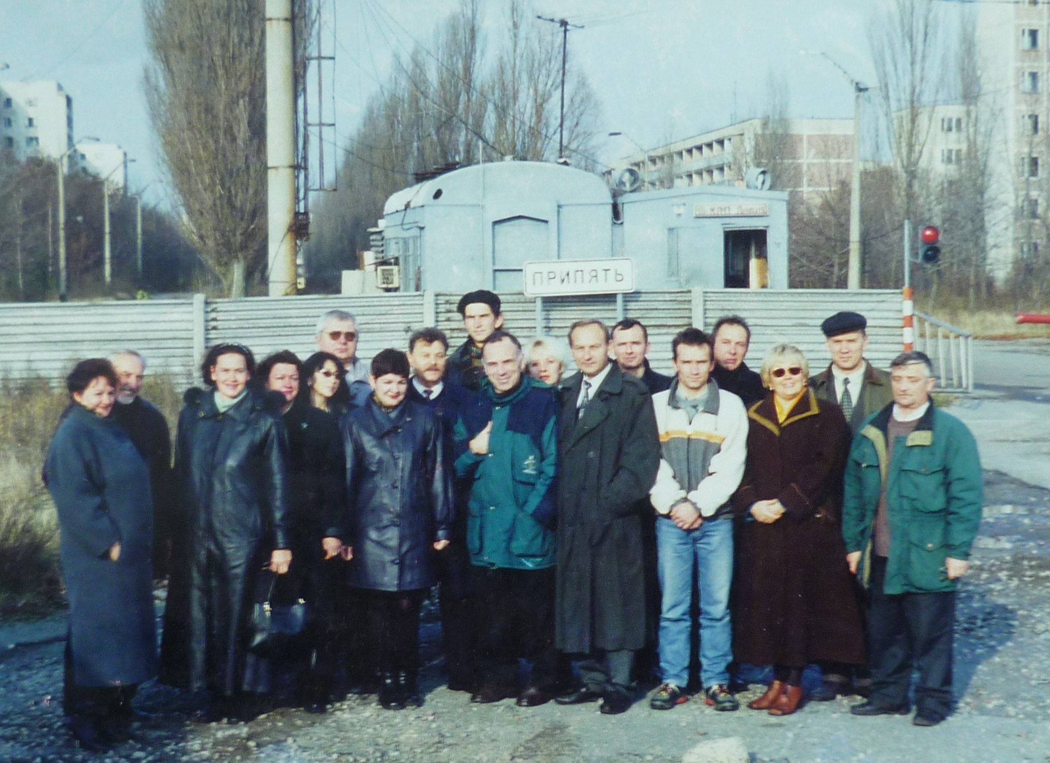 Scientists at a checkpoint in the dead city of Pripyat, Ukraine (Chernobyl Exclusion Zone), 2000.
