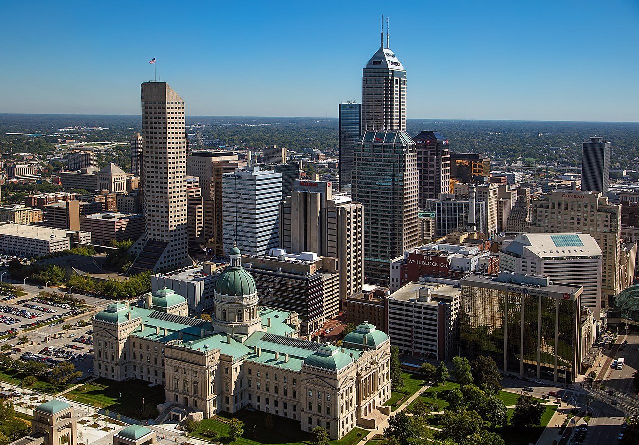 Aerial looking east northeast across downtown Indianapolis