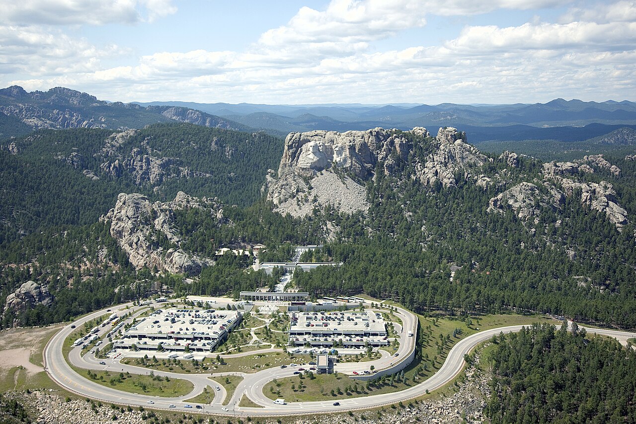 Aerial view of Mount Rushmore and buildings