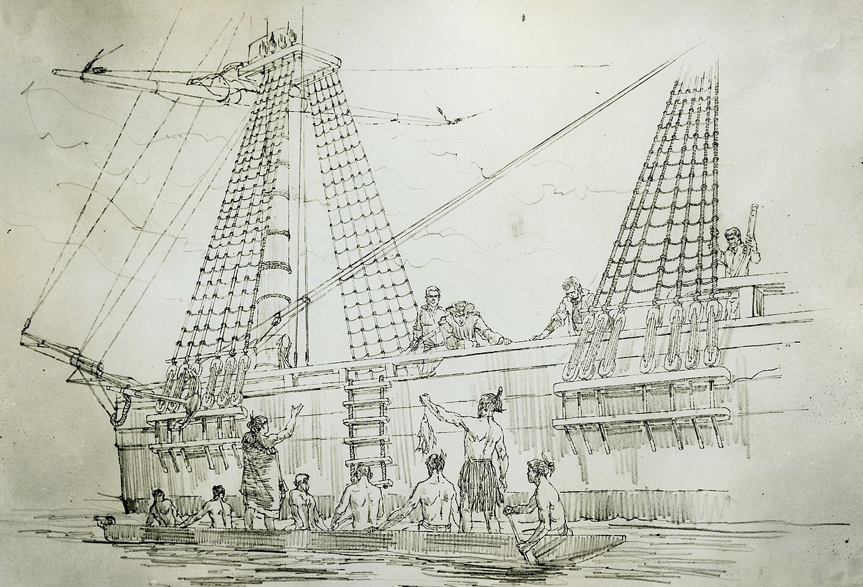 Drawing Of Ship Side Trading With Māori