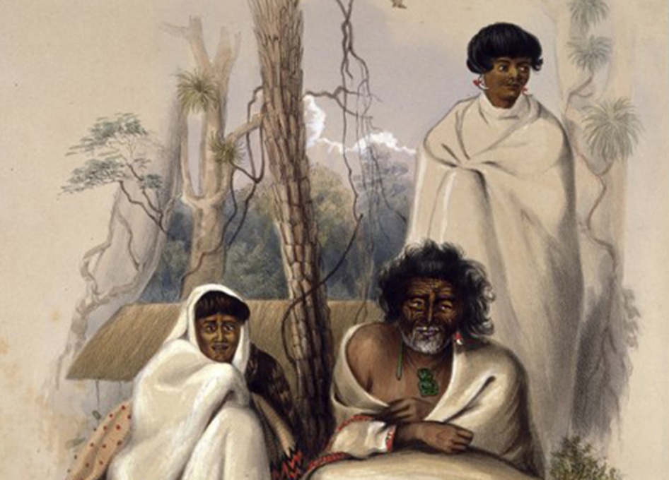 Te Wainokenoke (seated), to the left of Nohorua (with full moko and a grey beard). Behind the couple is Nohorua's son, Tuarau, standing wrapped in a blanket, ca 1844.