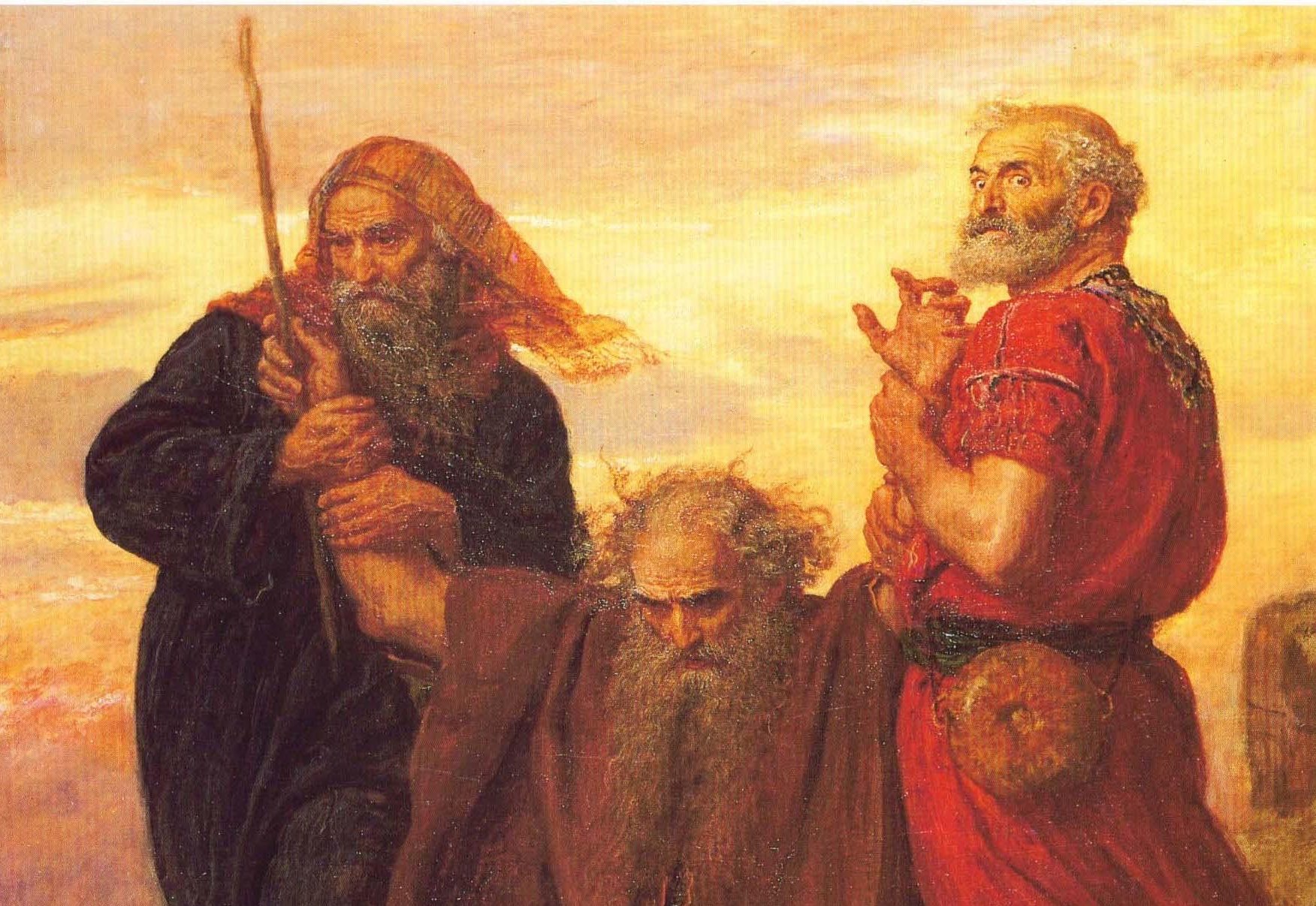 Moses holding his staff, assisted by Aaron and Hur, holding up his arms during the battle against Amalek.