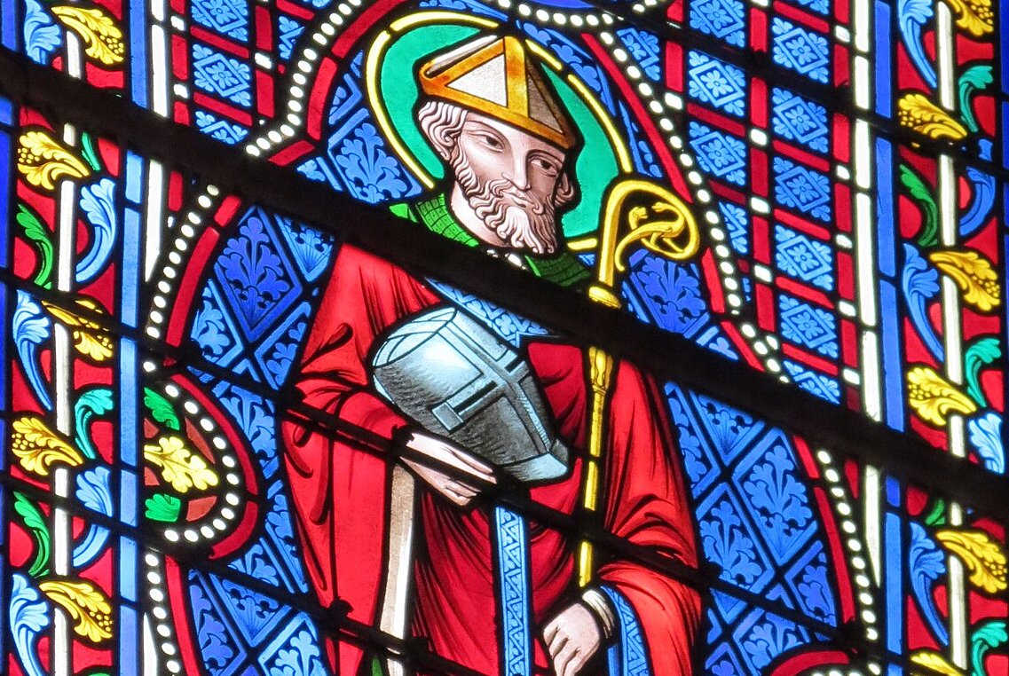 Stained glass window of the Bonsecours Basilica depicting Saint-Victricius