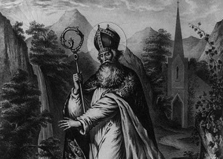 Drawing of St Patrick holding a shamrock