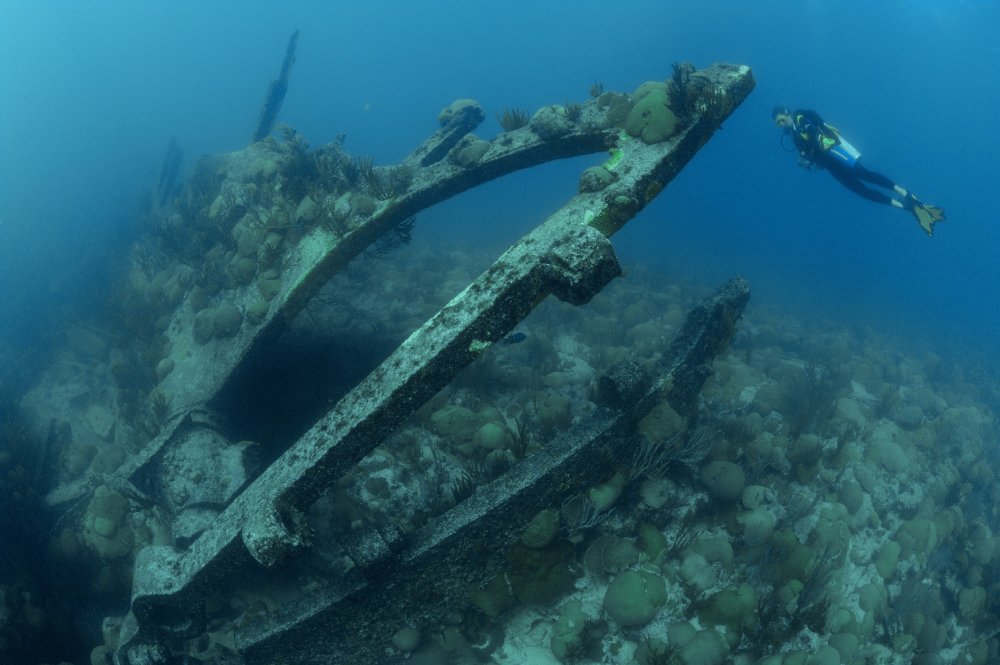 Scuba diver explores rudder post of ship wreck Pollockshields, Bermuda Island