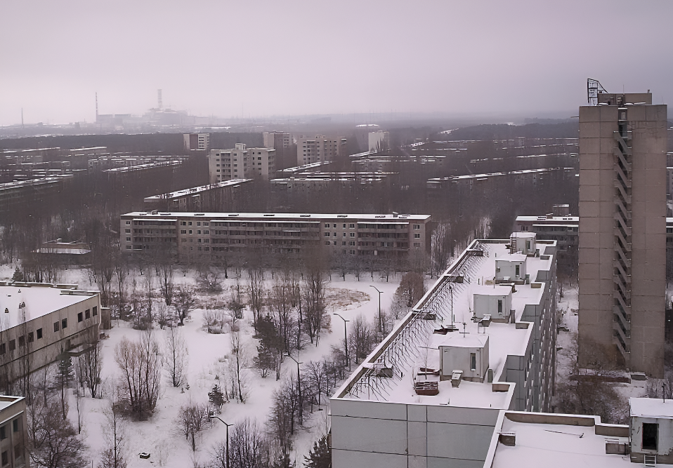 A view of the abandoned city of Pripyat, Ukraine, showing the decaying urban landscape.