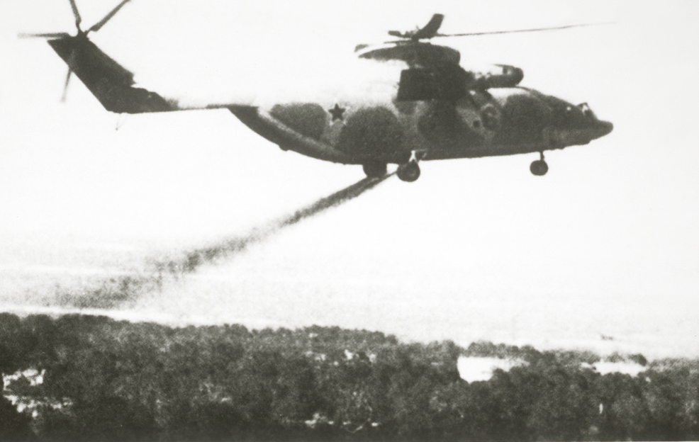 A Soviet Mi-26 Halo helicopter participating in the Chernobyl nuclear reactor accident recovery