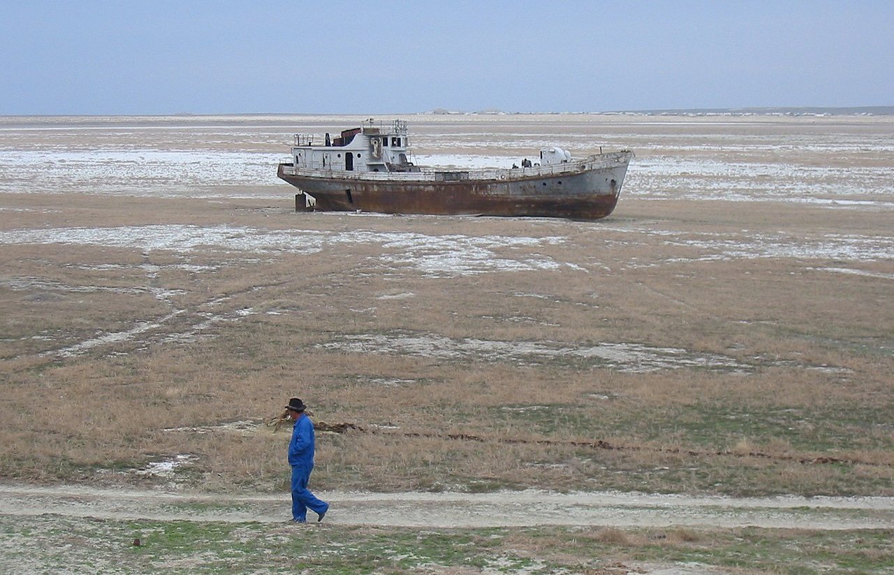 Orphaned ship in former Aral Sea, near Aral, Kazakhstan