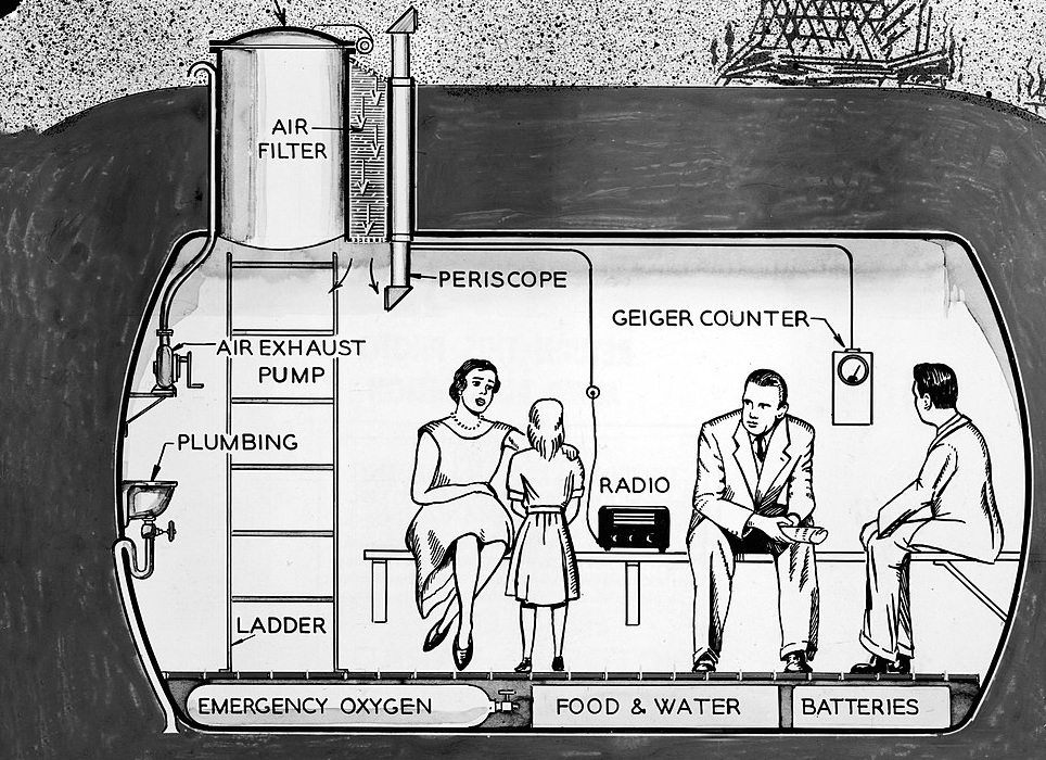 Cross-section illustration depicting a family in their underground lead fallout shelter, early 1960s.