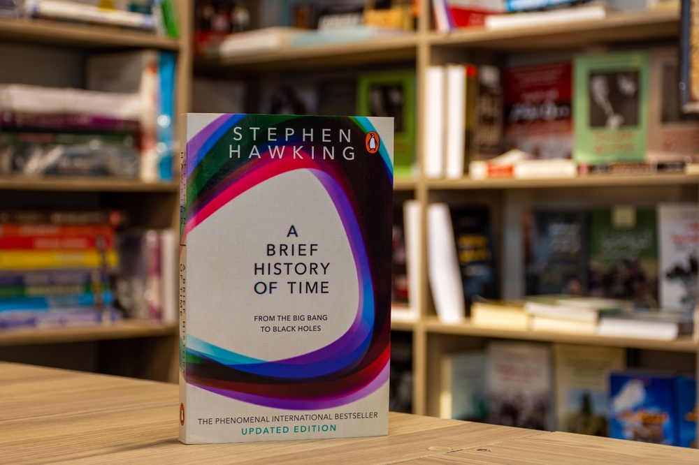 Close up Stephen Hawking's A Brief History of Time book in the bookshop - 2023