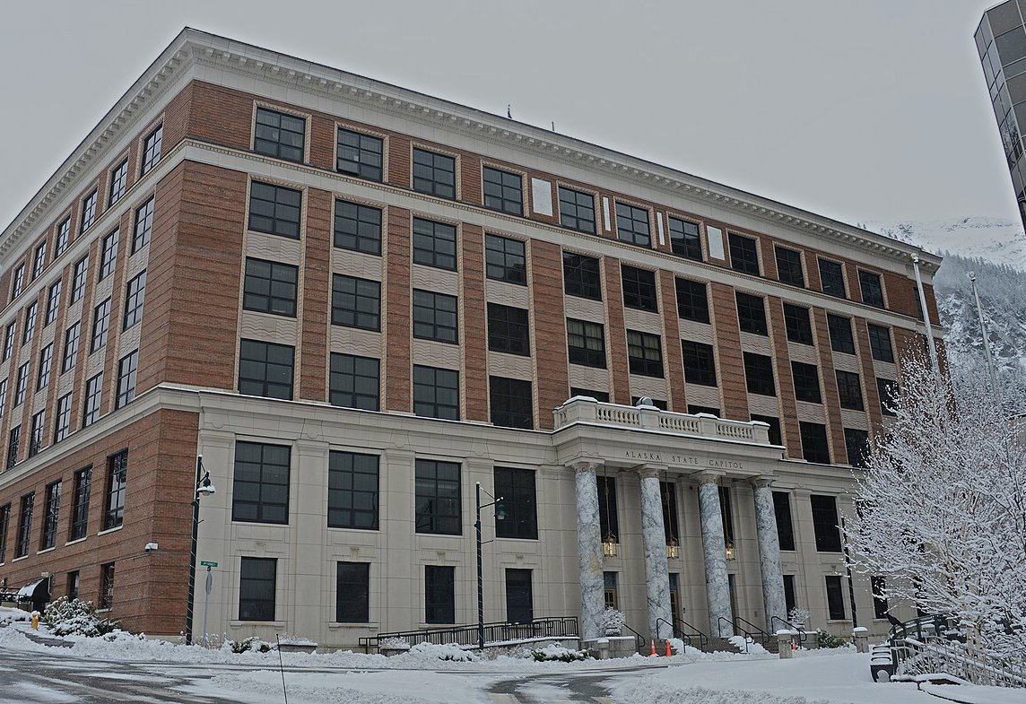 The Alaska State Capitol in snow