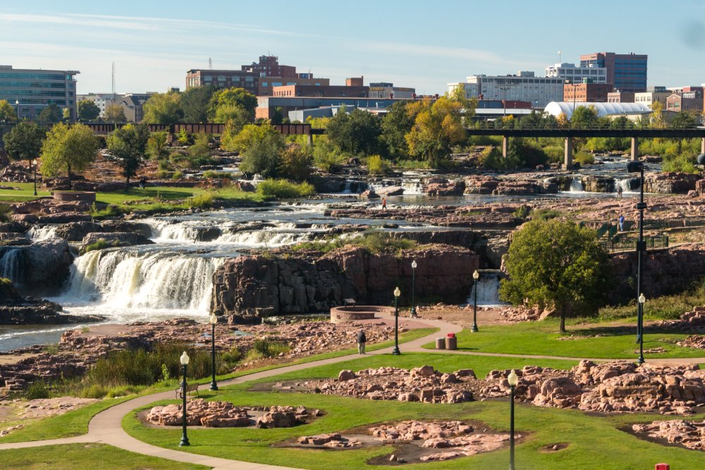The image showcases a Vibrant urban scene of Sioux Falls, South Dakota