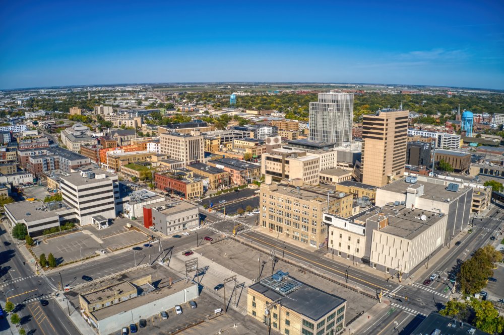 The image showcases a Vibrant urban scene of Fargo, North Dakota
