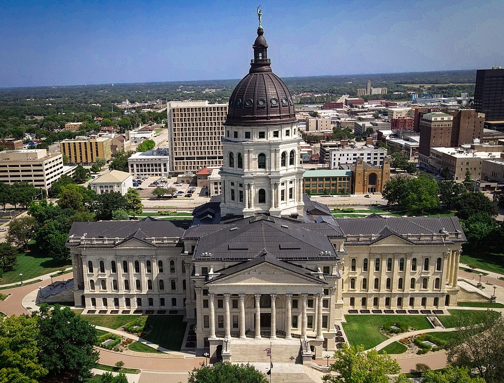 Aerial view of the Capitol building in Topeka, KS - 2021