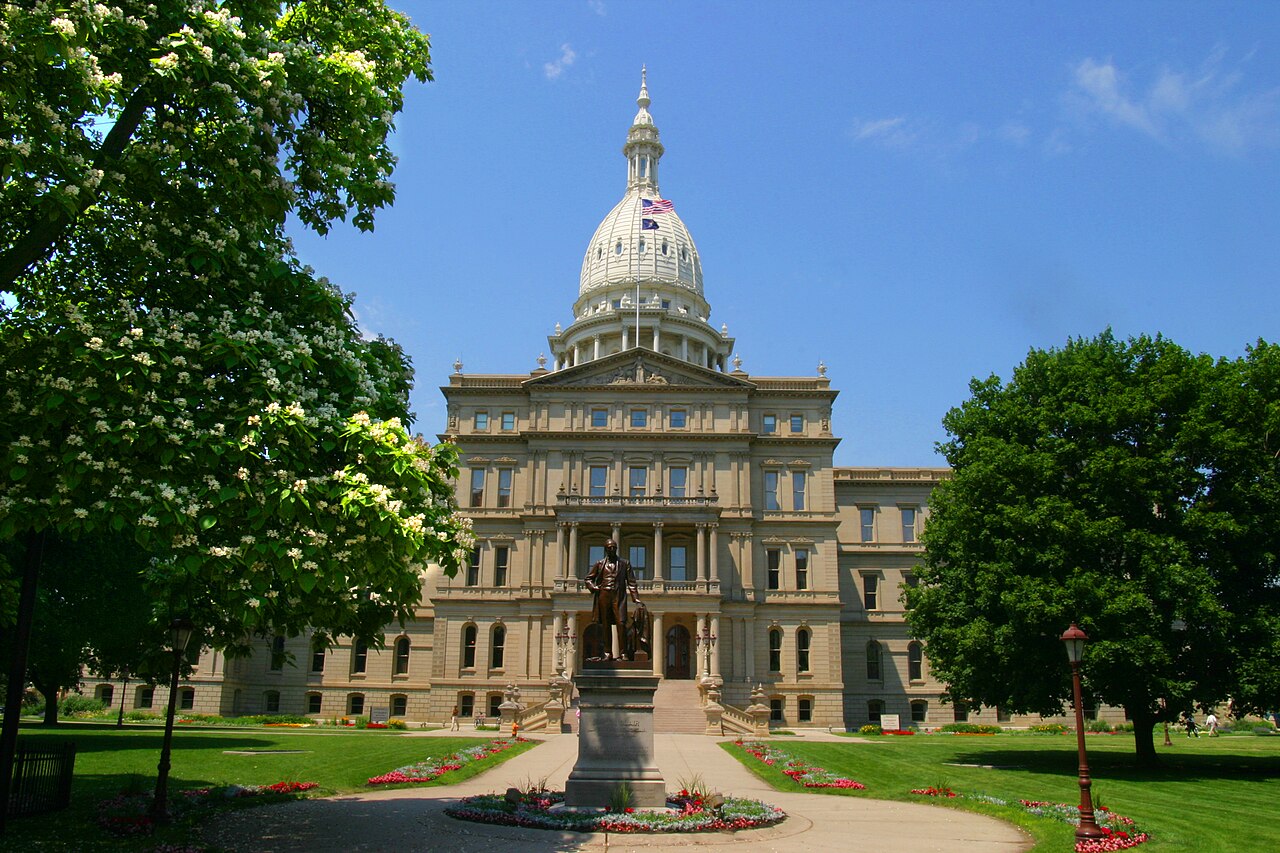 The Michigan Capitol Building With The Catalpa Tree In Blossom