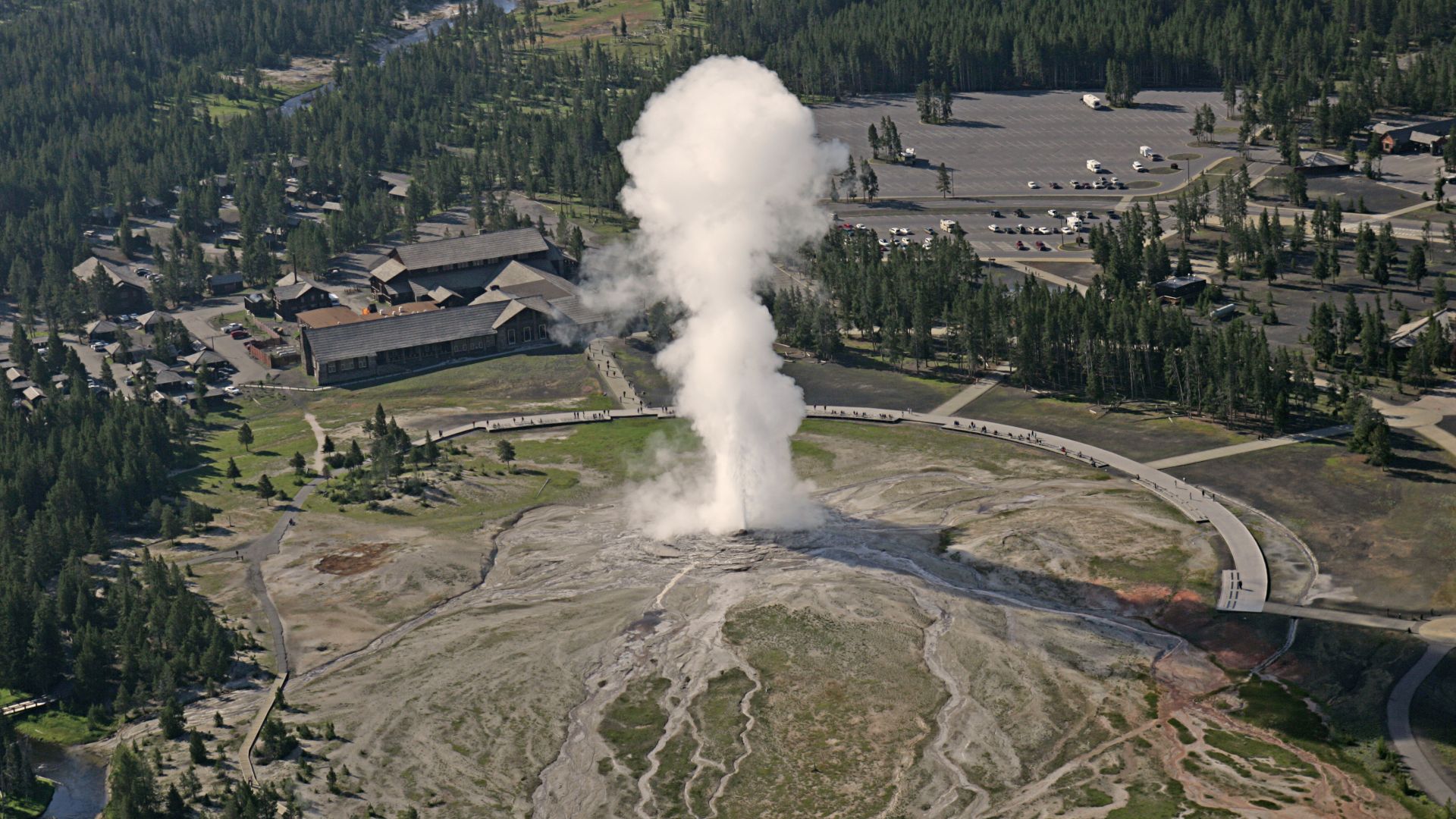 File:Aerial view of Old Faithful Geyser and Old Faithful Lodge (13931227900).jpg
