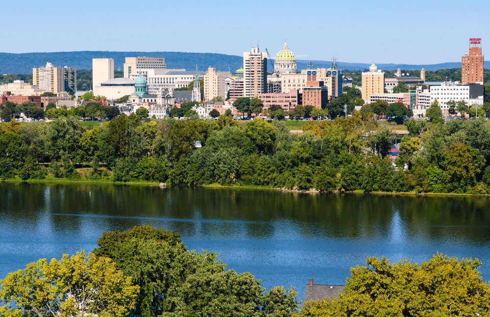The image showcases a Vibrant urban scene of Harrisburg, Pennsylvania