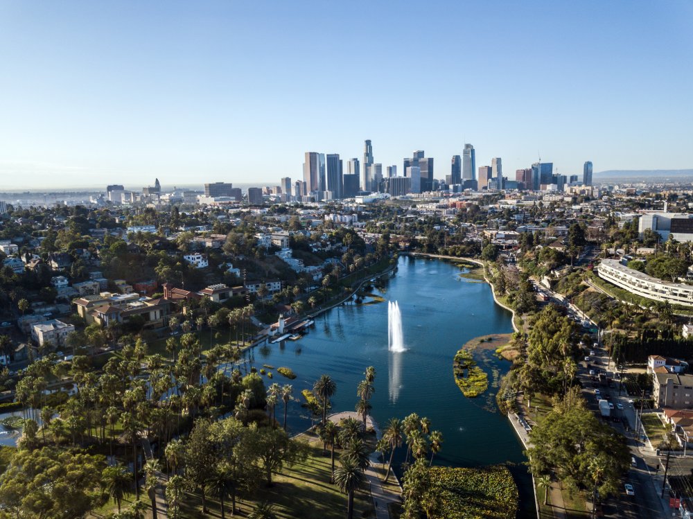 The image showcases a Vibrant urban scene of Los Angeles, California