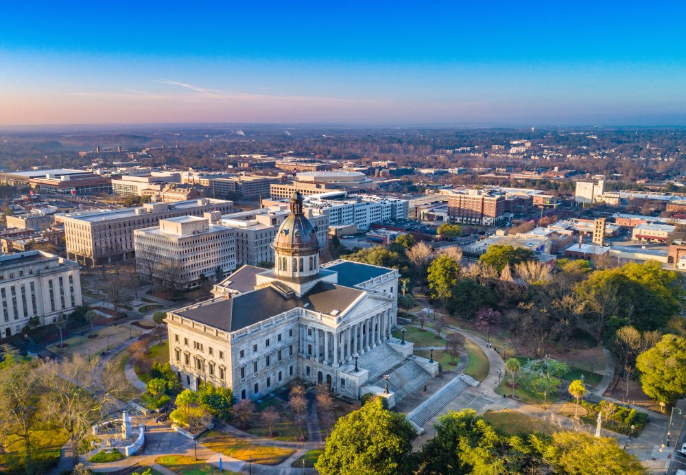 The image showcases a Vibrant urban scene of Columbia, South Carolina