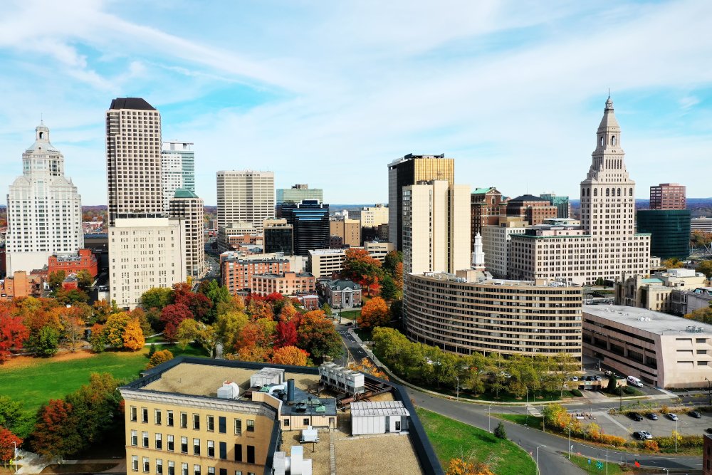 The image showcases a Vibrant urban scene of Hartford, Connecticut