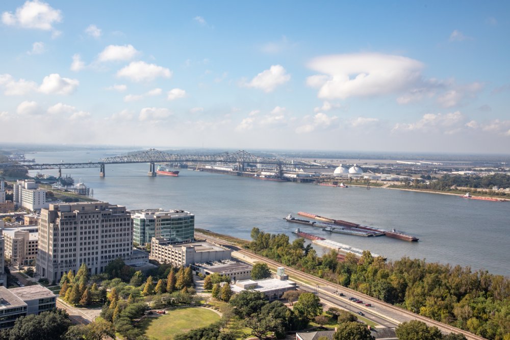The image showcases a Vibrant urban scene of Baton Rouge, Louisiana