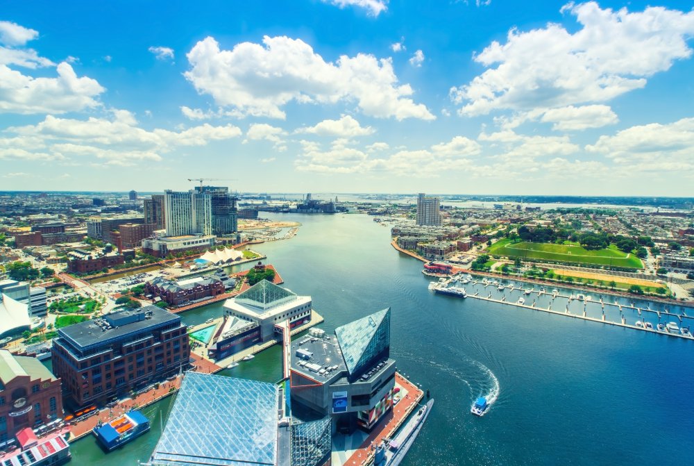 The image showcases a Vibrant urban scene of Baltimore, Maryland