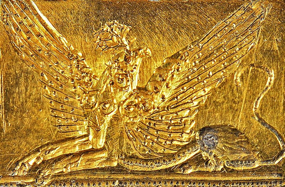 Golden signet bead representing a griffin from Pylos, Messinia
