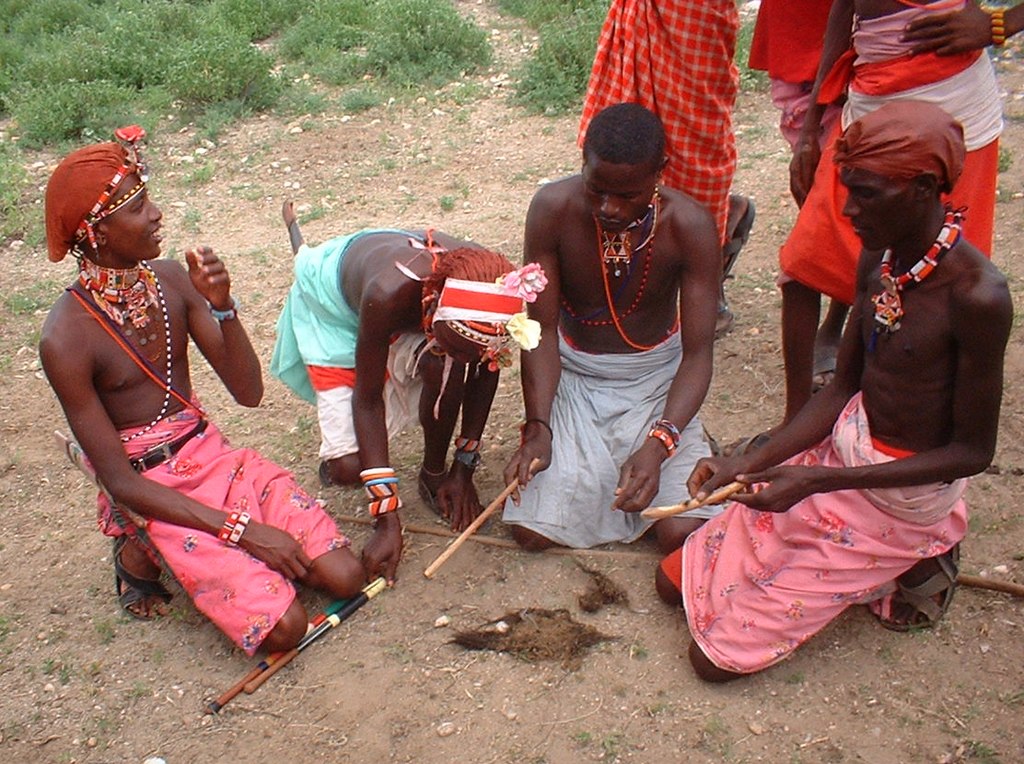Samburu men lighting a Fire