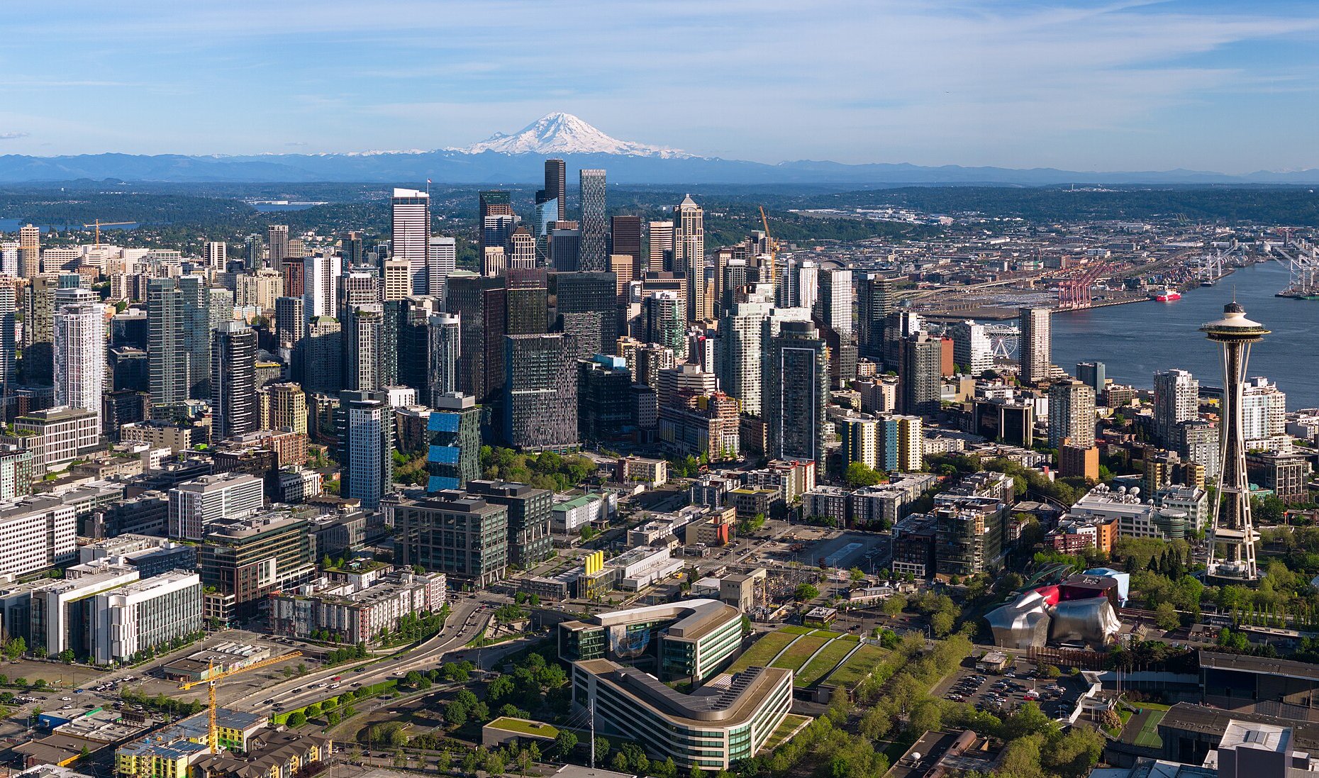 Drone photo of Downtown Seattle, as seen from above Queen Anne Hill