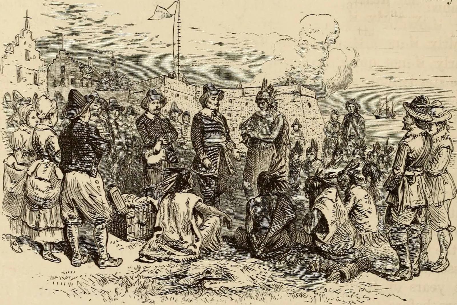 The conflict between the Dutch colonists and Native American tribes (Algonquian, Wappinger, Lenape, Mohican, Raritan) lasted from February 23, 1643 until August 1645. The image is based on a 19th century wood engraving.
