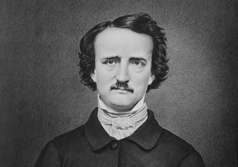 Grayscale Portrait Photo of Edgar Allan Poe in a dark suit